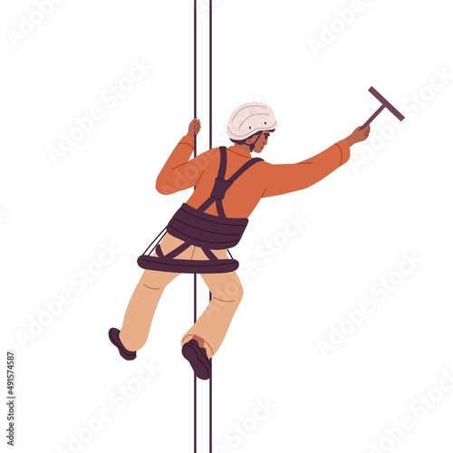 Industrial alpinist suspended on harness at height. Highrise worker hanging on ropes, washing, cleaning and polishing building with wiper. Flat vector illustration isolated on white background