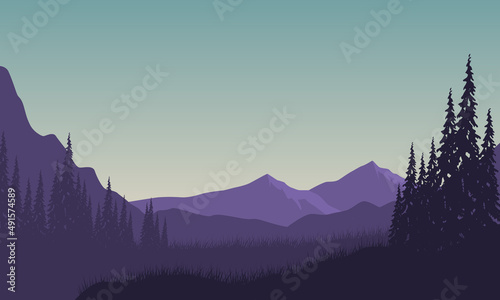 Beautiful mountain and forest view of the city with silhouettes of pine trees around