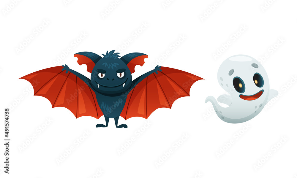 Obraz premium Cute funny Halloween characters set. Creepy bat and ghost cartoon vector illustration