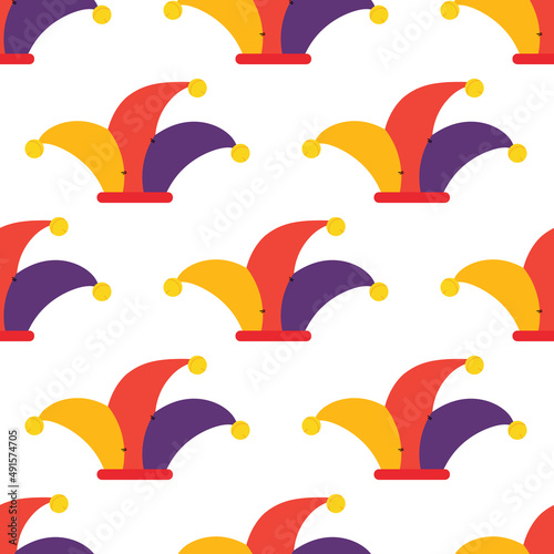 April Fools Day vector cartoon style seamless pattern background with cute colorful jester hats.