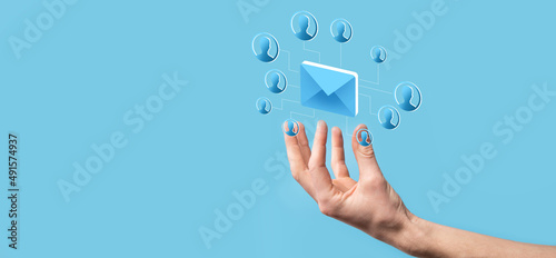 Email and user icon,sign,symbol marketing or newsletter concept, diagram.Sending email.Bulk mail.Email and sms marketing concept. Scheme of direct sales in business. List of clients for mailing.