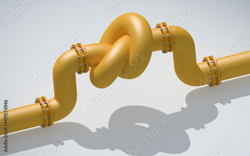 Fuel gas pipeline with a knot on white background. EU industrial economic sanctions. Energy embargo. Oil import export from the world fuel trade market restricts.