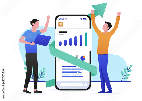 Online growth - People cheering and being happy with results on phone screen, and arrow pointing up. Flat design vector illustration with white background