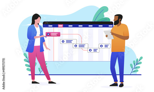 Business roadmap - Casual businesspeople, man and woman working on project plan. Flat design vector illustration with white background