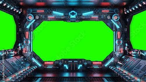 Fototapeta Naklejka Na Ścianę i Meble -  Dark spaceship interior with isolated window. Futuristic spacecraft with glowing blue and red control panels and empty view. 3D rendering
