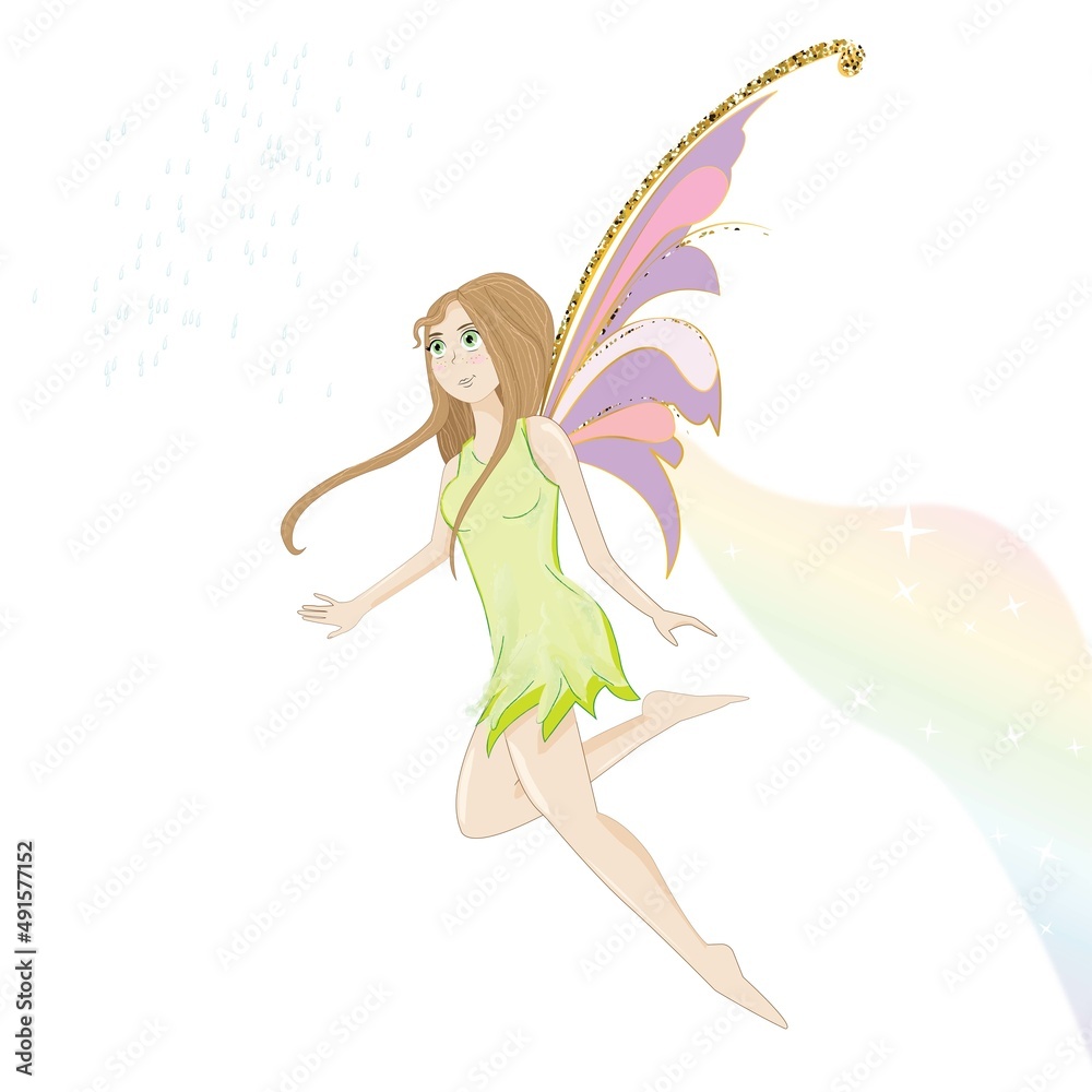 Cartoon fairy forest girl with wings illustration rainbow