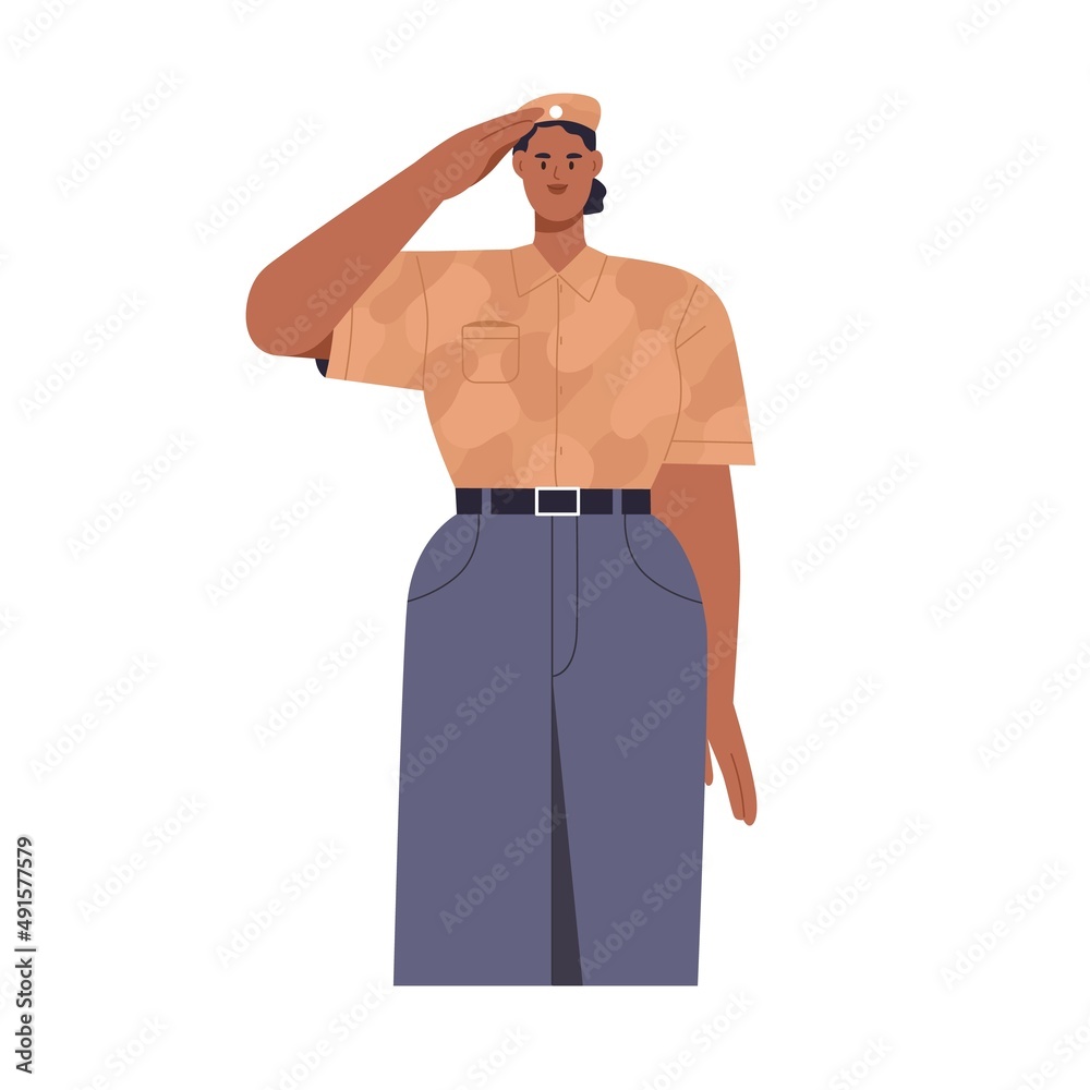 Fototapeta premium Woman soldier in uniform, saluting with hand at head. Female army worker portrait. Strong person from military service, armed forces. Flat vector illustration isolated on white background