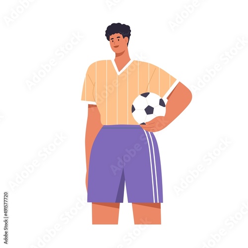 Woman soccer player holding ball in hand. Football athlete in uniform, sports outfit. Female footballer in sportswear portrait. Flat vector illustration isolated on white background