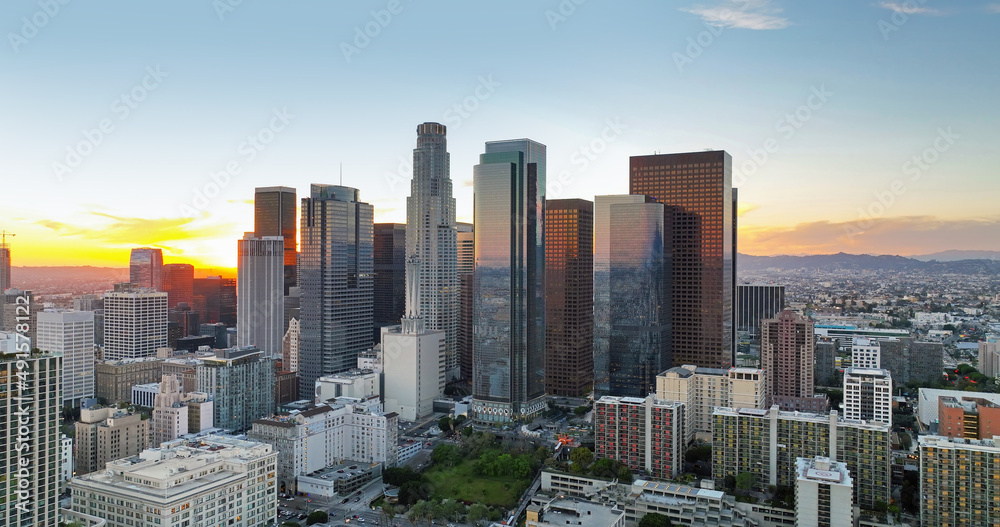Los Angeles downtown panoramic city with skyscrapers. California theme with LA background. Los Angels city center. California LA.