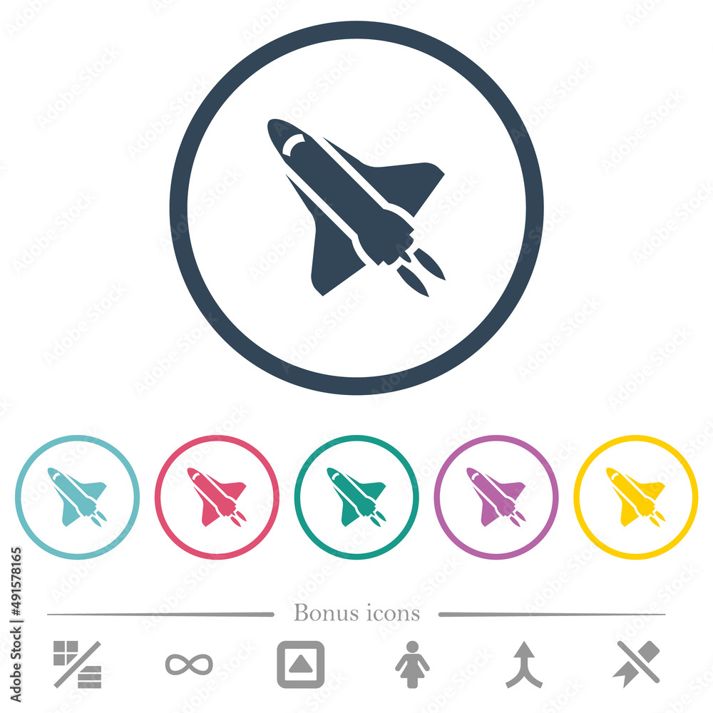 Space shuttle with propulsion flat color icons in round outlines Space shuttle with propulsion flat color icons in round outlines
