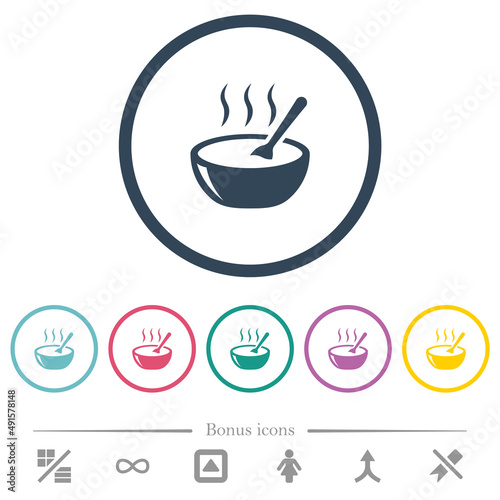 Glossy steaming bowl of soup with spoon flat color icons in round outlines