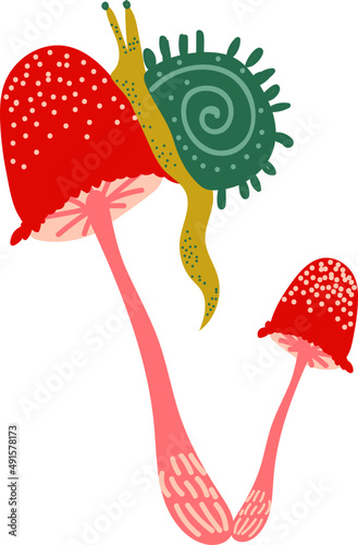 Red Fantastic Mushroom with Crawling Snail as Magical Object and Witchcraft