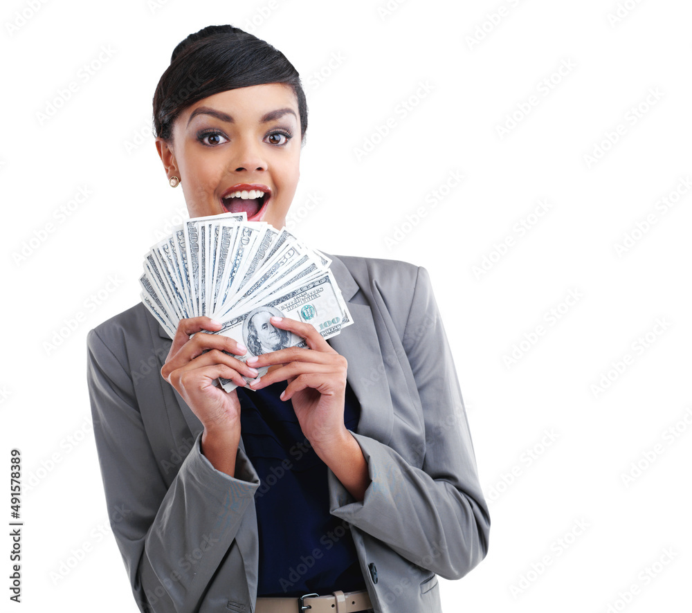 Business is booming. Cropped portrait of a young businesswoman holding a bunch of cash. Business is booming. Cropped portrait of a young businesswoman holding a bunch of cash.