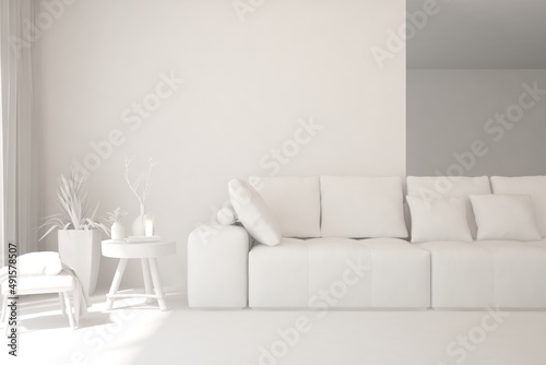 White minimalist living room with sofa. Scandinavian interior design. 3D illustration