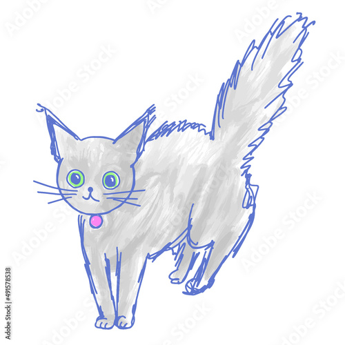 びっくりして毛を逆立て、尻尾を膨らませているグレーのネコのイラスト