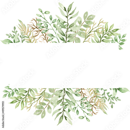 Greenery Frame Clipart, Watercolor Green Leaves wreath illustration, Foliage Border, Floral Wedding arrangement, Leaf frame, Herbal Plant, Nature card template