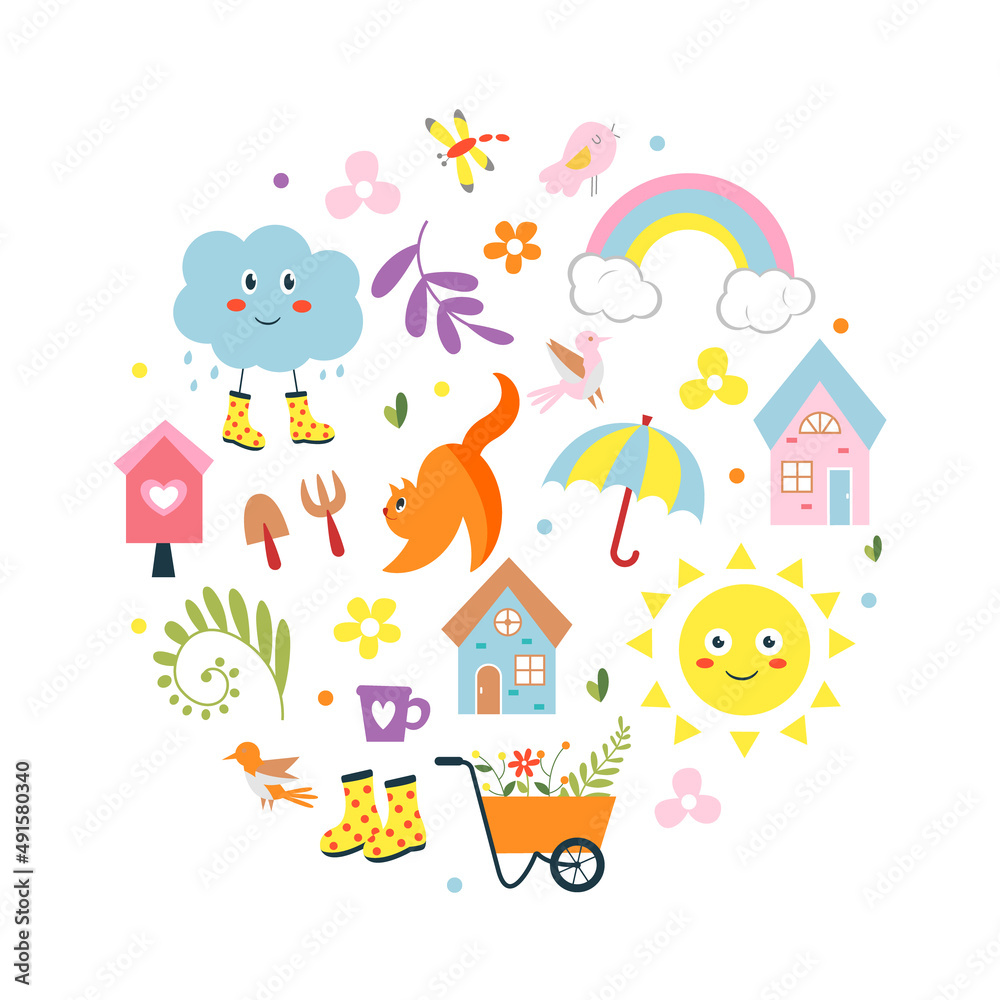 Cute children's set with colorful elements. Perfect for design. Vector spring illustration.
