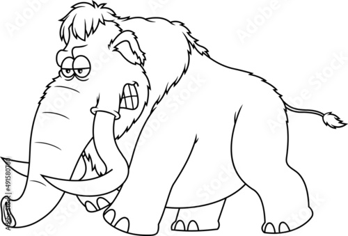 Outlined Angry Mammoth Cartoon Character Running. Vector Hand Drawn Illustration Isolated On White Background