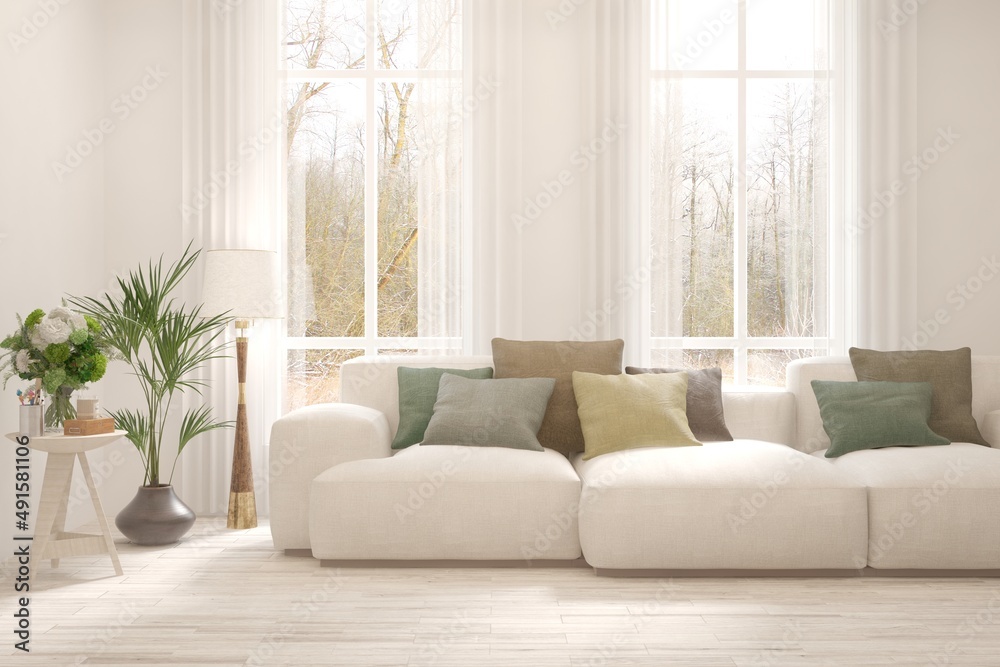 White living room with sofa and winter landscape in window. Scandinavian interior design. 3D illustration White living room with sofa and winter landscape in window. Scandinavian interior design. 3D illustration