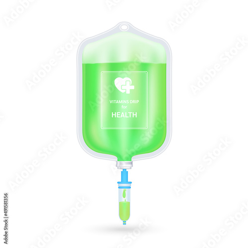 Serum collagen vitamin inside saline bag for health green. Injection of IV drip vitamin and minerals for health. Medical aesthetic concept. Saline bag on white background 3D vector EPS10.