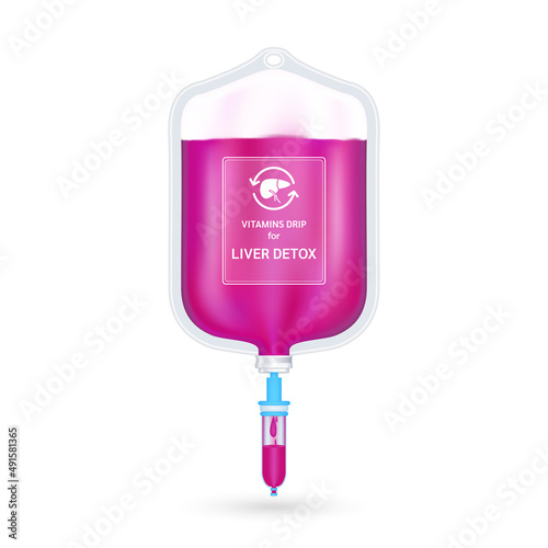 Serum collagen vitamin inside saline bag for liver detox purple. Injection of IV drip vitamin and minerals for health. Medical aesthetic concept. Saline bag on white background 3D vector EPS10.