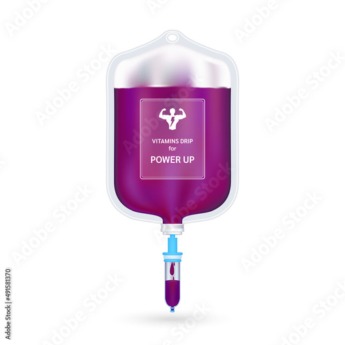 Serum collagen vitamin inside saline bag for power up purple. Injection of IV drip vitamin and minerals for health. Medical aesthetic concept. Saline bag on white background 3D vector EPS10.
