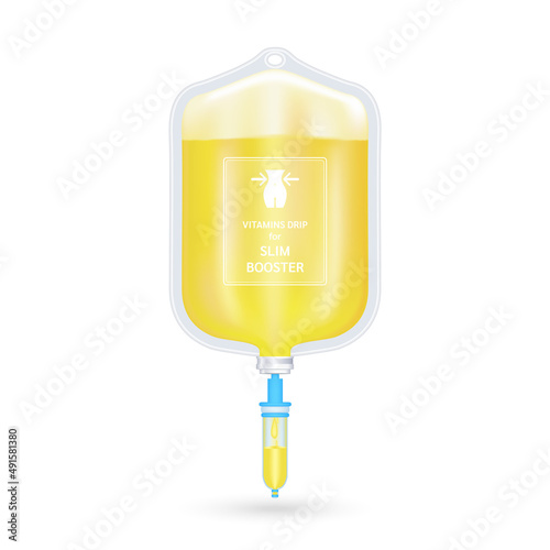 Serum collagen vitamin inside saline bag for slim booster yellow. Injection of IV drip vitamin and minerals for health. Medical aesthetic concept. Saline bag on white background 3D vector EPS10.
