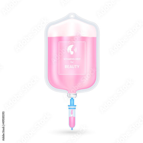 Serum collagen vitamin inside saline bag for beauty pink. Injection of IV drip vitamin and minerals for health and skin. Medical aesthetic concept. Saline bag on white background 3D vector EPS10.