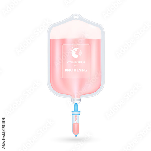 Serum collagen vitamin inside saline bag for brightening pink. Injection of IV drip vitamin and minerals for health and skin. Medical aesthetic concept. Saline bag on white background 3D vector EPS10.