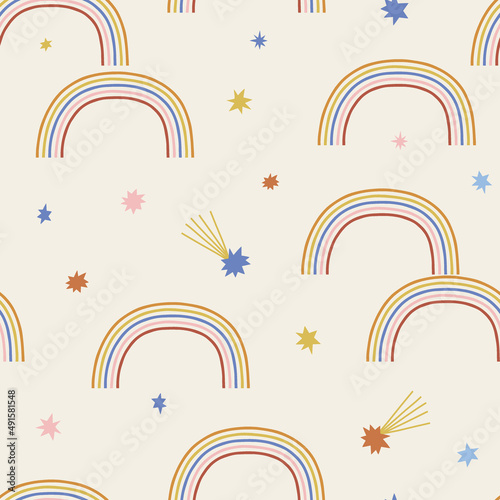 Multicoloured childish rainbows in starry sky with fallen stars vector seamless pattern. Boho baby celestial background. Bright arcs stellar skies surface design for kids fashion and nursery decor.