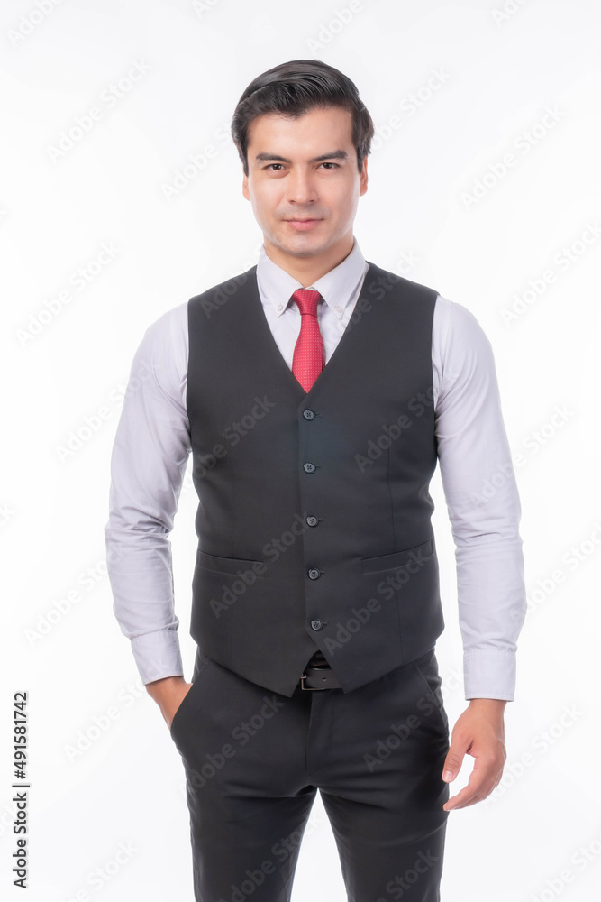 Portrait working Asian business handsome man ware suit standing on white background with copy space - business concept Portrait working Asian business handsome man ware suit standing on white background with copy space - business concept
