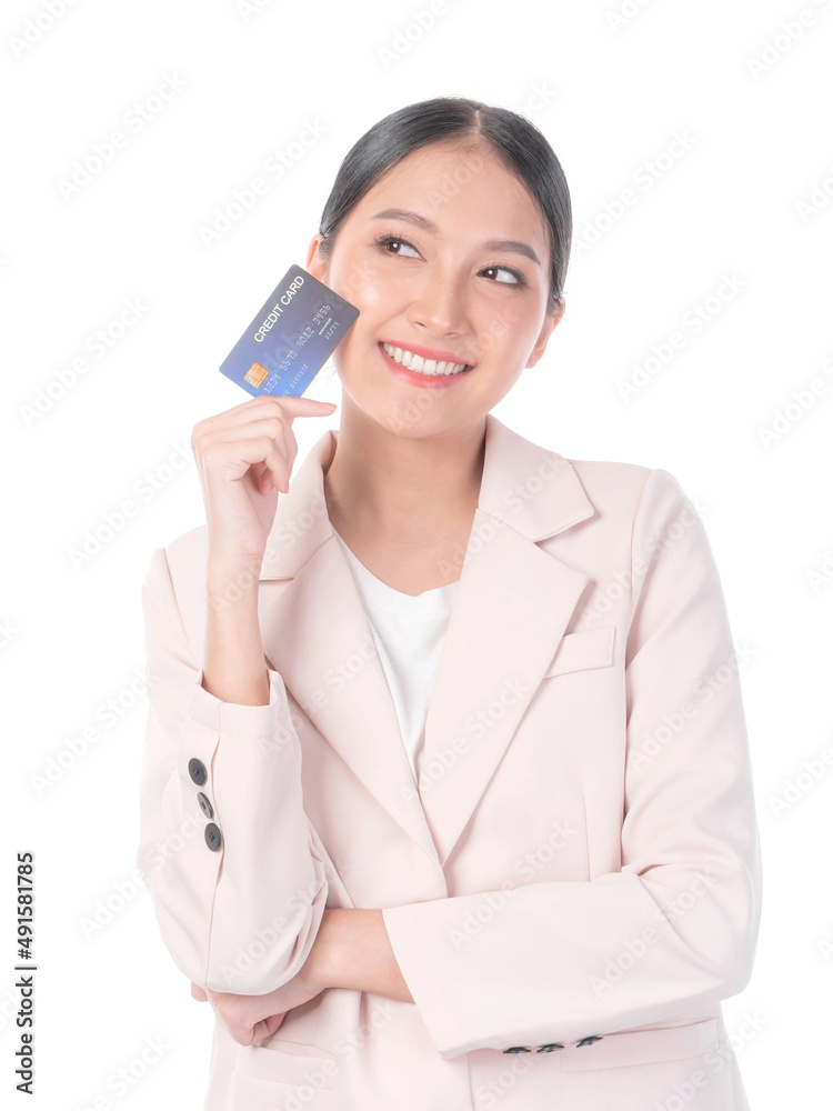 Business Asian woman showing credit card for payment shopping online , paying by credit card online shopping  e-commerce telemarketing concept