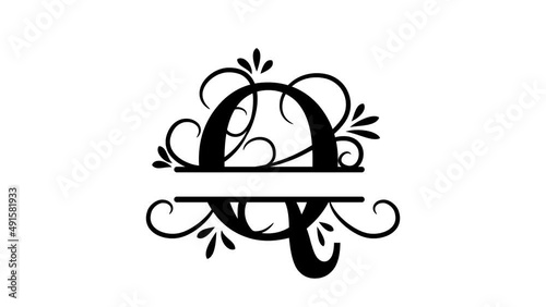 Split letter Q. Monogram Q. Animated letter in vintage style, the letter appears, branches and leaves grow. A personalized logo for your video's.  personality. Alpha channel, transparent layer.