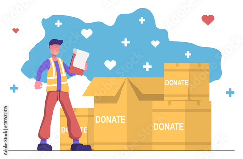 Humanitarian organization. Volunteer collects humanitarian aid for Ukraine