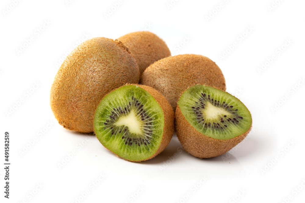 Ripe kiwi fruit and half kiwi isolated on a white background Ripe kiwi fruit and half kiwi isolated on a white background