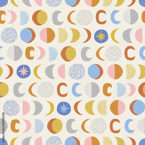 Moon Phases multicoloured abstract geometric shapes vector seamless pattern. Boho Baby Celestial childish gender neutral trendy print for fabric and nursery decor.