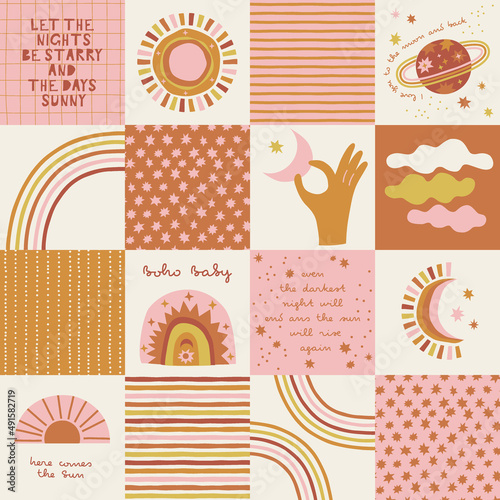 Boho Baby Celestial cheater quilt patchwork Sun Moon Rainbow Starry Space vector seamless pattern. Childish Geometric Inspiring quotes Sky background. Scandinavian decorative design for nursery.
