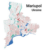 Mariupol vector map. Detailed map of Mariupol city administrative area. Cityscape panorama. Road Map with buildings, water, forest.