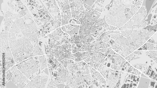 White and light grey Kharkiv City area vector background map, roads and water cartography illustration.