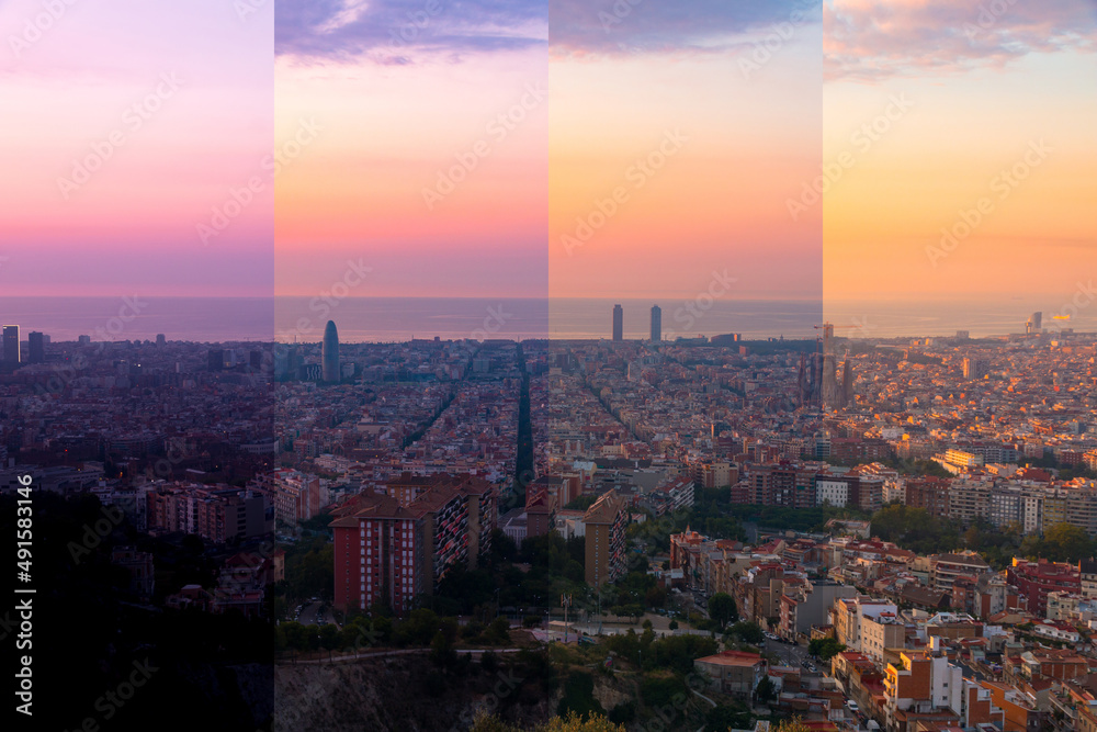 Barcelona city skyline. Split image, same landscape with different light. Same shot at different hour.