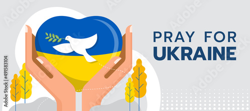 Pray for ukrain - Hands hold car heart with flag ukrain texture and dove of peace to flying around vector design