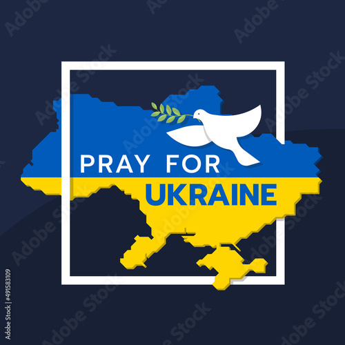 Pray for ukrain text and dove of peace on map of ukrain with nation flag texture in white frame on blue background vector design
