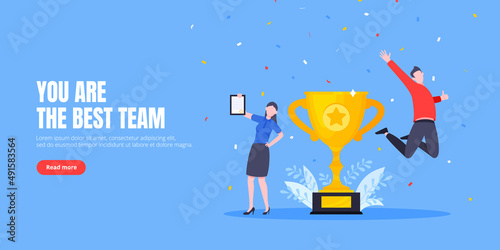Employee recognition or proud workers of the month business concept flat style design vector illustration. Young adult people jump in the air with trophy cup.