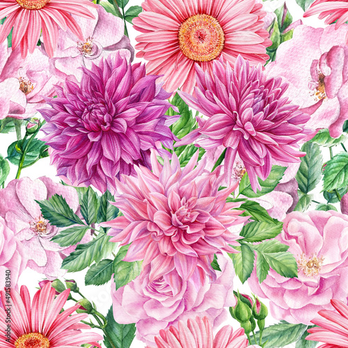 Foto Seamless floral pattern with pink flowers, gerbera and dahlia on white background