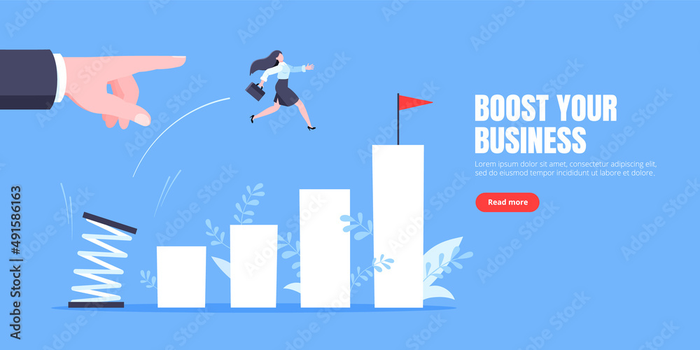 Business mentor helps to improve career with springboard vector illustration. Business person jumps above career ladder graph. Success growth, motivation opportunity, boost career concept.