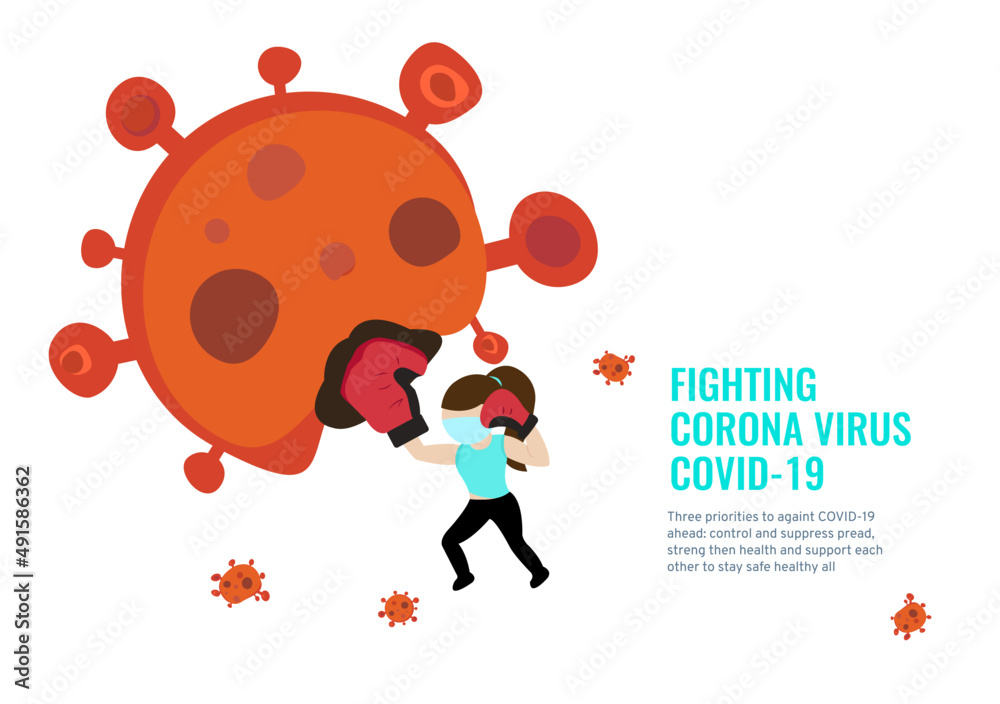 Fototapeta premium A powerful girl wear medical mask upper cut punched Corona virus ball