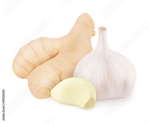 Composition with fresh garlic and ginger isolated on white background.
