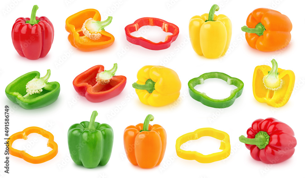 Large set made with multicolored bell pepper isolated on white background.