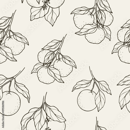 Sketch yuzu, bitter orange, mandarin seamless pattern