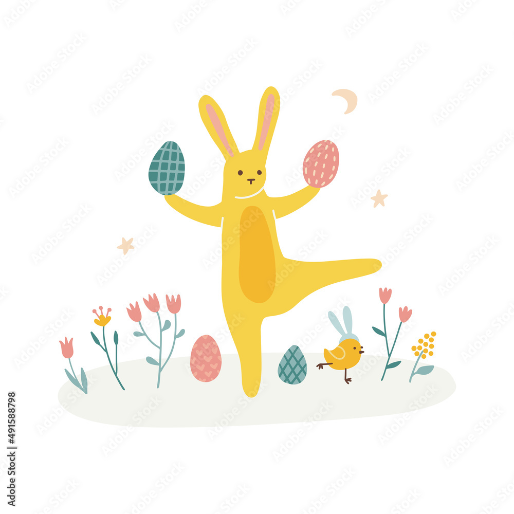 Obraz premium Easter bunny playing with eggs isolated on white background. Rabbit animal for card, invitation, banner or flyer. Vector flat hand drawn illustration.